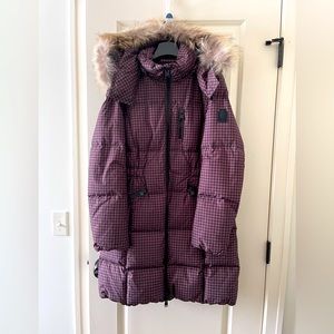 COACH Womens GINGHAM CHECK LONG DOWN COAT WITH FUR TRIM sz Medium